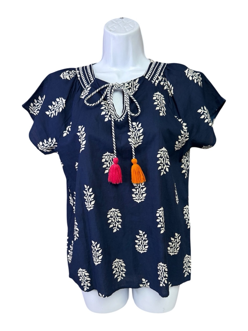 THML Navy Embroidered Tassel Peasant Top size XS